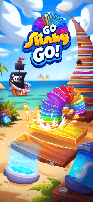 The Go Slinky Go! logo above a sunny beach level, where a rainbow slinky springs off a wooden plank and scatters coins, with a pirate ship anchored offshore.