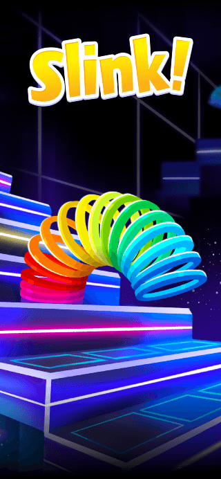 Slink! written across a neon night level, with a rainbow slinky stretched mid tumble down glowing blue and pink steps.