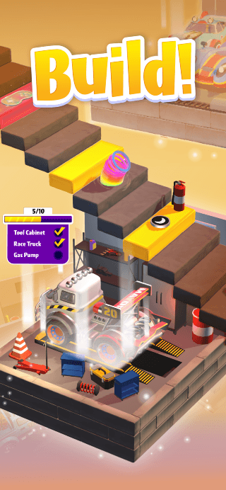 Build! stamped over a garage level, where a parts checklist sits at five out of ten and a red monster truck comes together on the platform below.