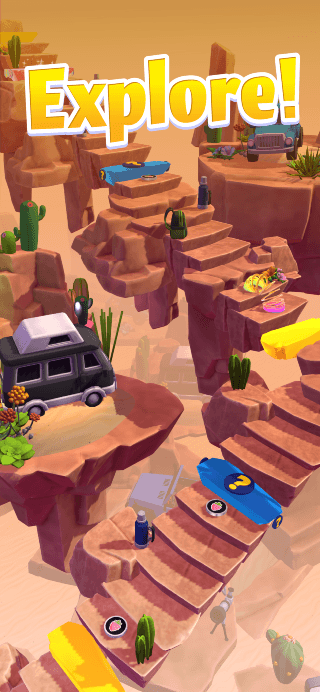 Explore! written across a desert canyon, where staircases wind down orange mesas past cacti, a parked camper van, and crates marked with question marks.