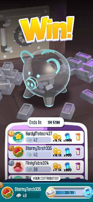 Win! over a vault stacked with silver bars, where a glass piggy bank fills up and a leaderboard counts down the last hour with the top three players and their scores.